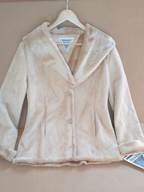 Classic Cream Faux-Suede Coat with Faux-Fur Trim
